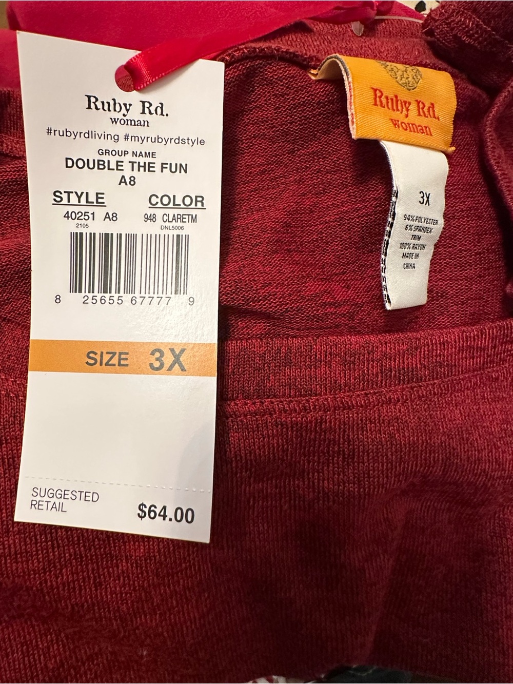 Ruby Rd. Red Heather Knit Tunic with Patterned Layered Hem - Picture 3 of 3